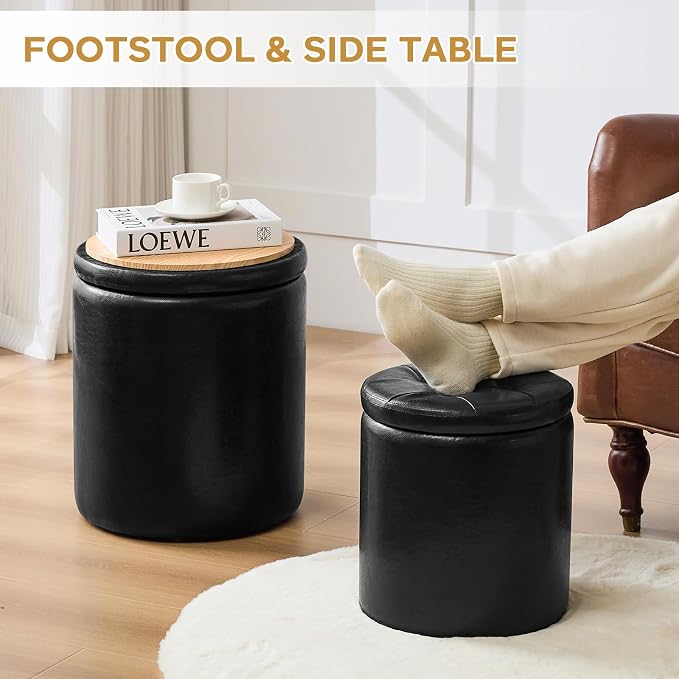 oakvivo Round Ottoman with Storage Set of 2, 12.6" W x 14.17" H & 14.76" W x 17.32" H Faux Footstool Storage Ottomans for Bedroom, Living Room Padded Coffee Table Ottomen, Black