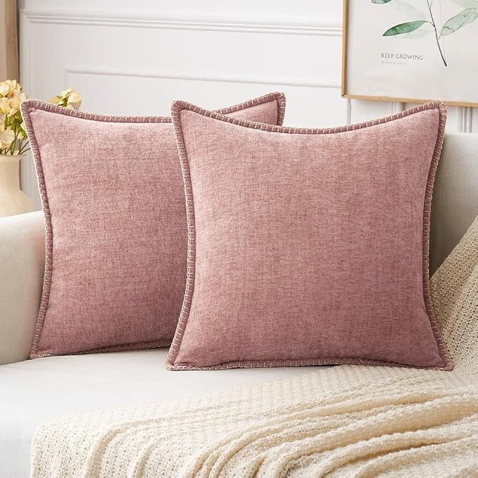 MIULEE Pack of 2 Couch Throw Pillow Covers 16x16 Inch Blush Pink Farmhouse Decorative Pillow Covers with Stitched Edge Soft Chenille Solid Dyed Pillow Covers for Sofa Bed Living Room