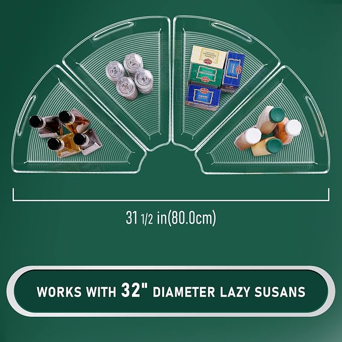 JEISSLIA Lazy Susan Cabinet Organizer Bins for 26"/ 28"/ 32" Diameter Corner Organizer, Plastic Cabinet Storage Bin, 1/8 Wedge - Food Safe, BPA Free, with Non-Slip Pads (for 32" Diameter, 4 Pack)