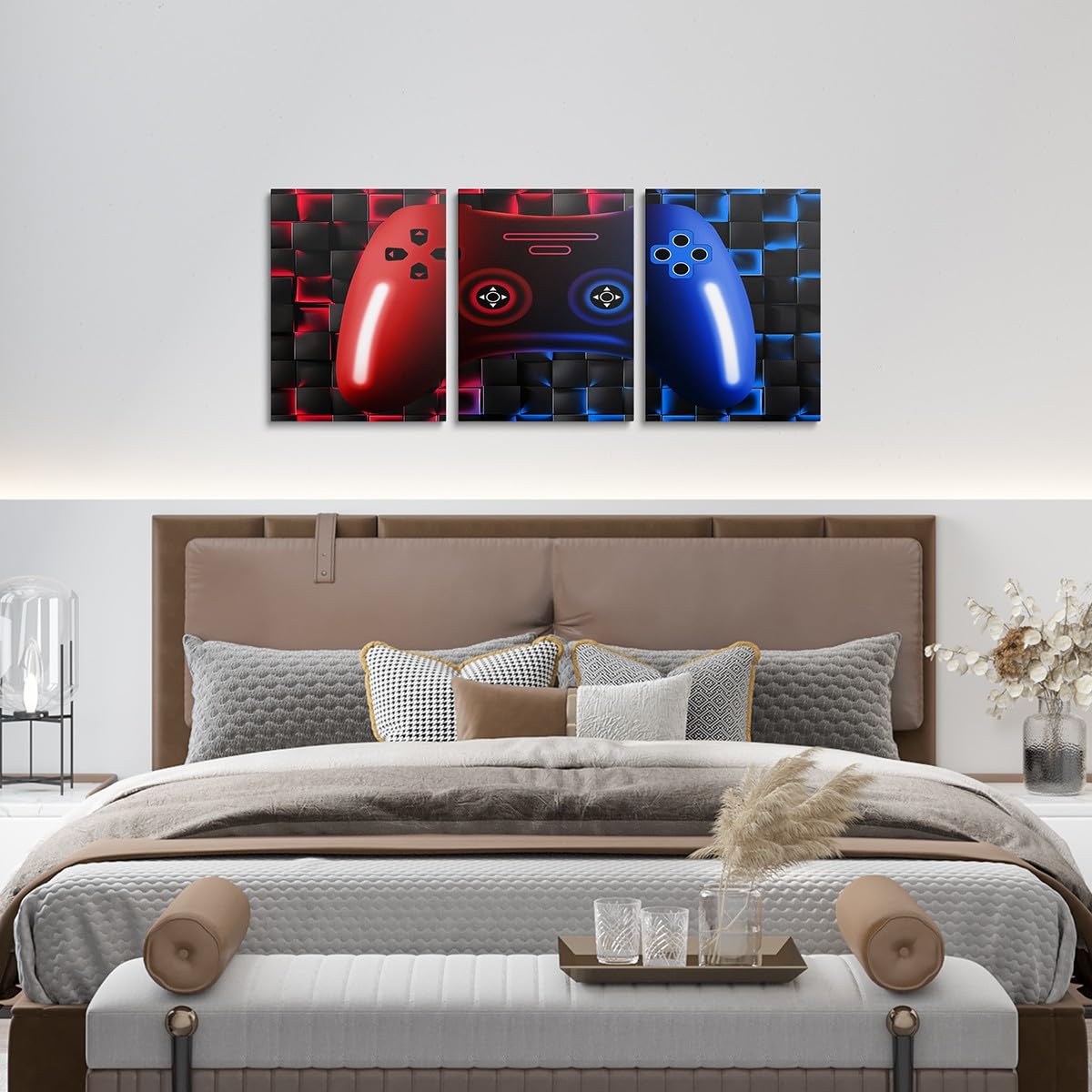 Erosebridal Gaming 3 Piece Wall Decor For Boys Bedroom 3D Gamer Geometric Wall Art 12"X16" Video Game Pictures Poster Prints Gamepad Neon Red Blue Black Wall Decor Artwork For Office Playroom