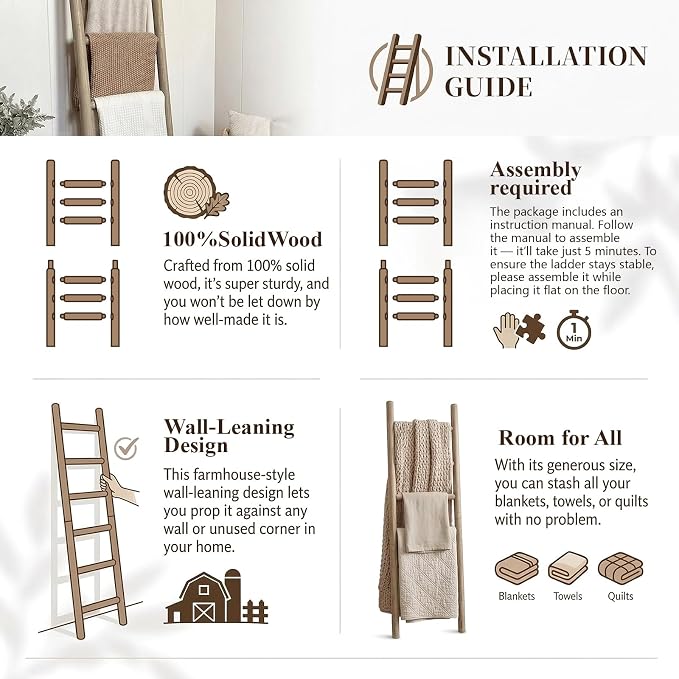 Wooden Blanket Ladder - 76in Natural Wood Color- Leaning Wall Decor for Bedroom, Bathroom, Living Room - Rustic Quilt Holder (Brown (Knock Down), 76in | Knock Down)