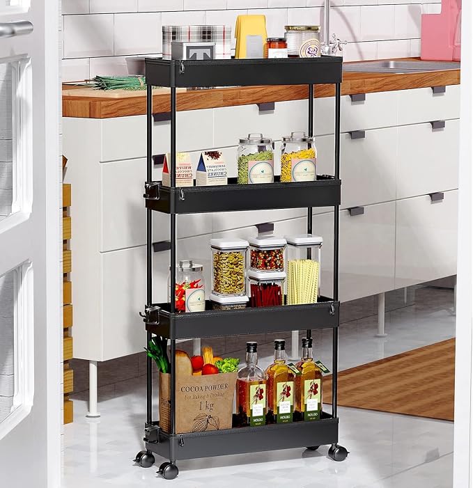 SPACEKEEPER Slim Rolling Storage Cart 4 Tier Bathroom Organizer Cart Mobile Shelving Unit Slide Out Utility Cart for Kitchen, Bthroom, Makeup, Craft, Laundry Narrow Places, Black