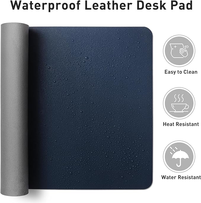 Aothia Faux Leather Desk Mat - Non-Slip PU Leather Desk Blotter, Waterproof Writing Surface, Large Desk Pad for Office & Home (Dark Blue, 55" x 17")
