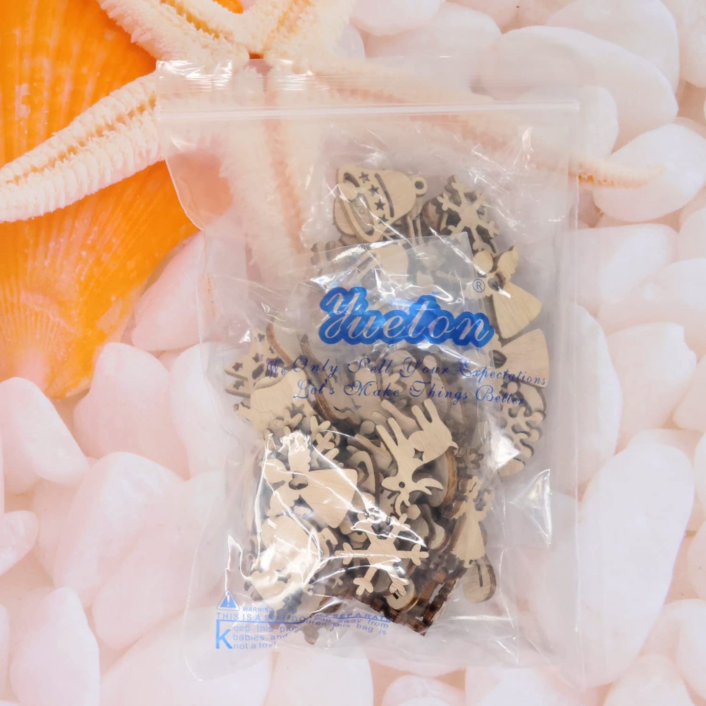 yueton 100PCS Mini Christmas Tree Snowflakes Stars Moose Bells Hats Socks Angels Christmas Unfinished Blank Wood Pieces Wood Slices Wood Chips Embellishments for DIY Crafts, Home Decoration, etc