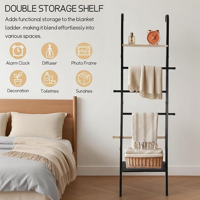Wooden Ladder with Shelf for Decor, 6-Tier Decor Ladder with Non-Slip Mat & Hooks, Farmhouse Style Leaning Wall Display Holder, Black