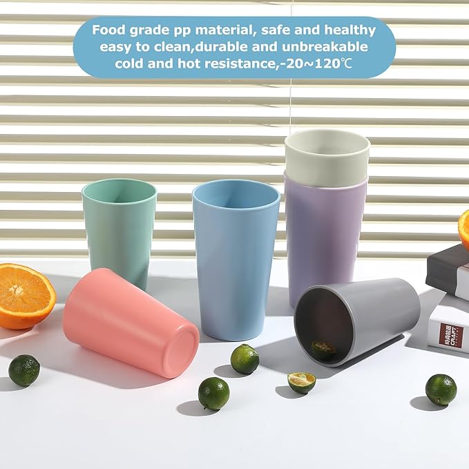 24 Pcs Unbreakable Plastic Cups Set, 20 oz Reusable Plastic Cups, Stackable Water Tumblers, Drinking Cup for Kitchen, Outdoor, BPA-free, Dishwasher Refrigerator and Microwave Safe (20 oz, 4 Colors)