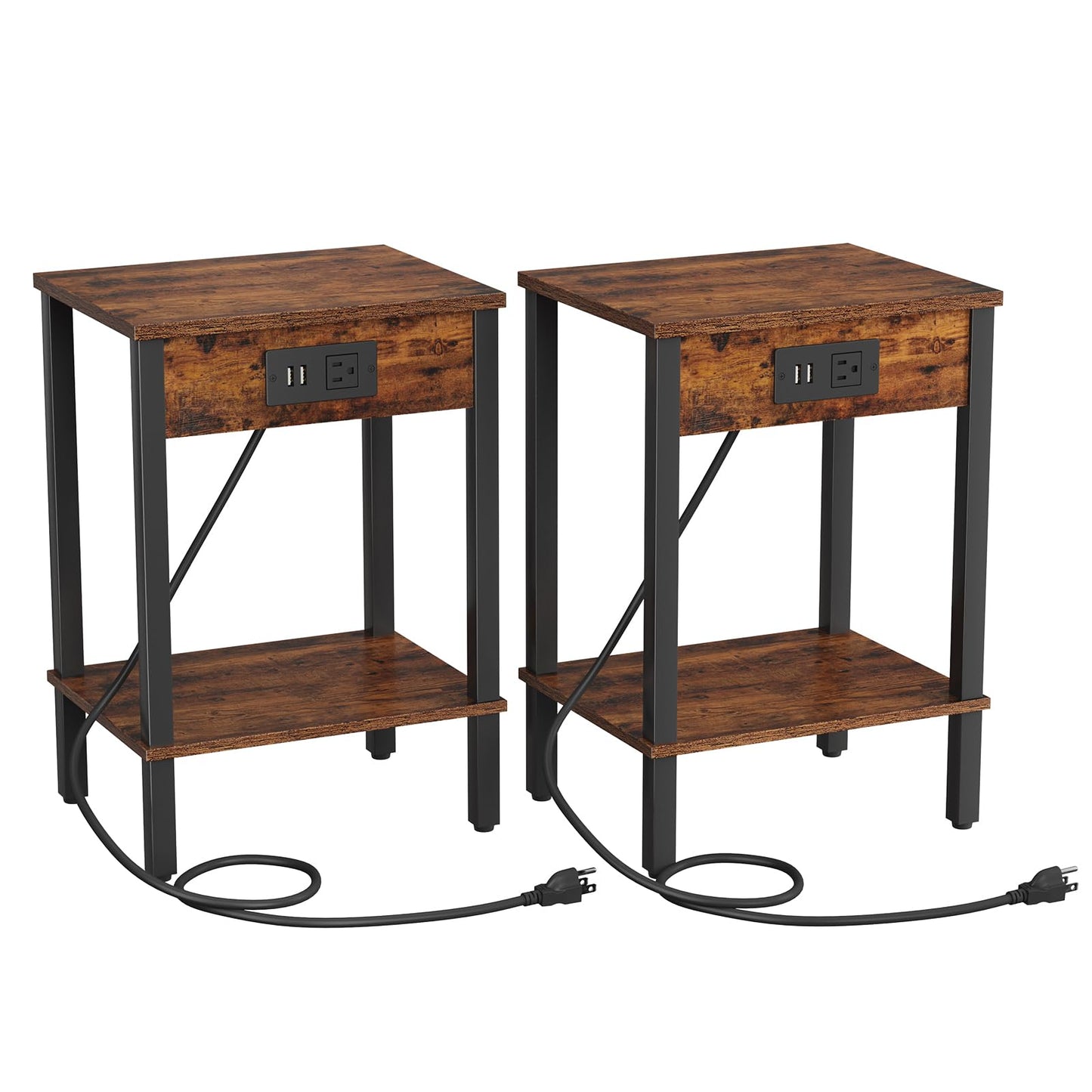 VIMBER Side Table with Charging Station, Set of 2 End Tables with USB Port and Outlets, Nightstands with 2-Tier Storage Shelves, Sofa Table for Small Space, Living Room, Bedroom, Rustic Brown 102F2