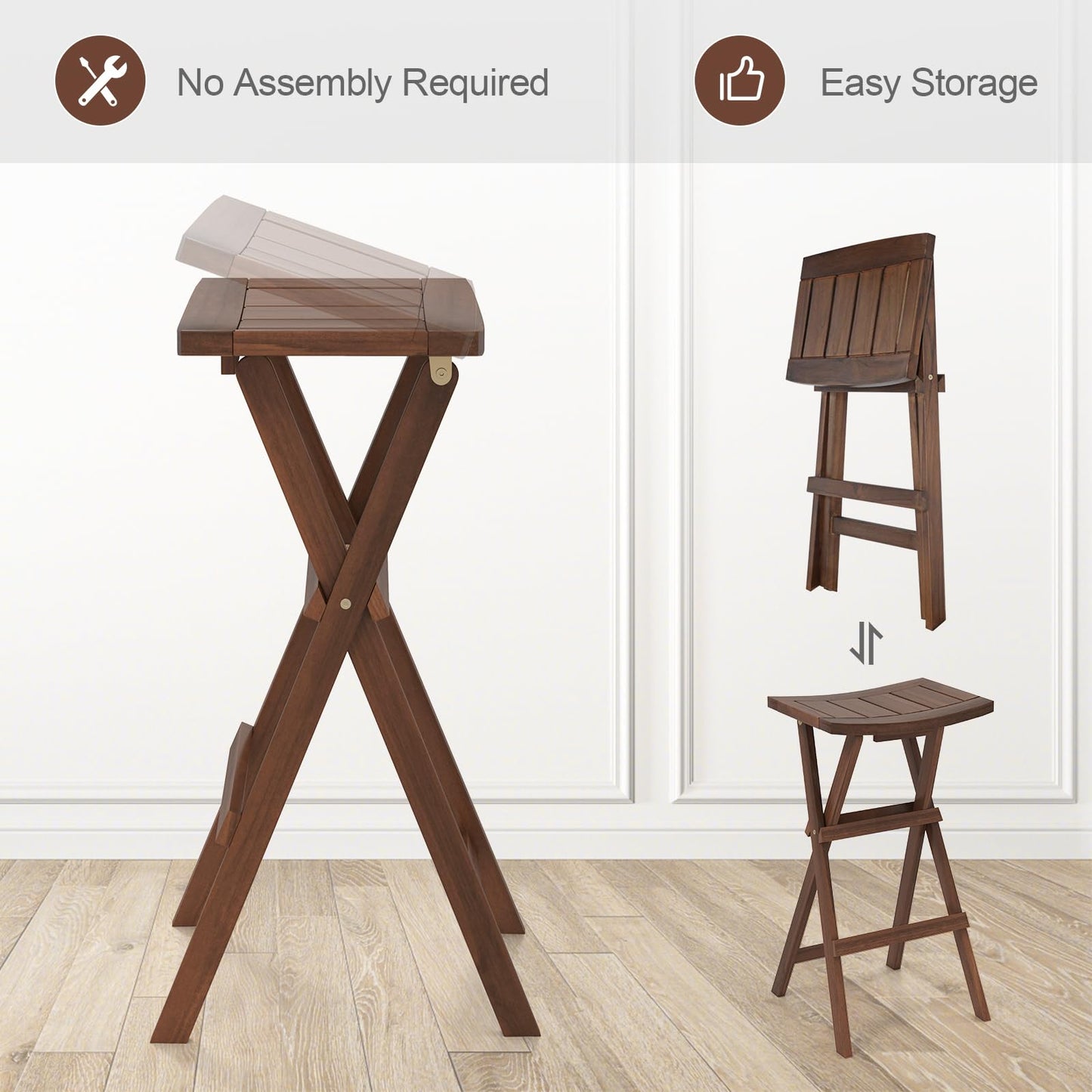COSTWAY Folding Wooden Bar Stools Set of 2, 30-inch Height Backless Saddle Stools with Footrest, Foldable Chairs for Kitchen Island, Counter, Patio, Indoor & Outdoor, No Assembly Required, Teak