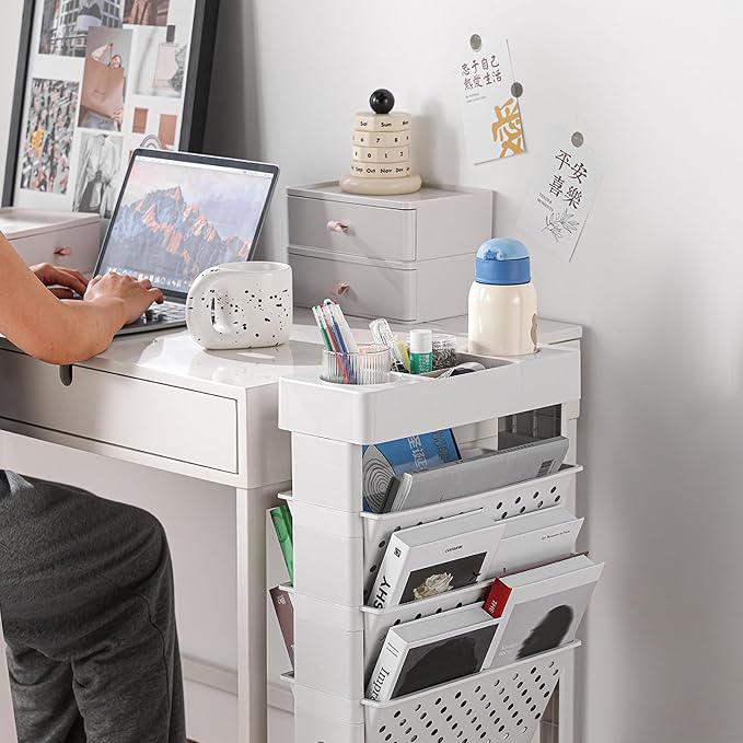 White Rolling Office Paper Organizer, Mobile Book Cart Document Folder File Storage with Pen Holder, Slim Rolling Storage Cart Movable Bookshelf for Office, Dorm, Classroom, Nursery