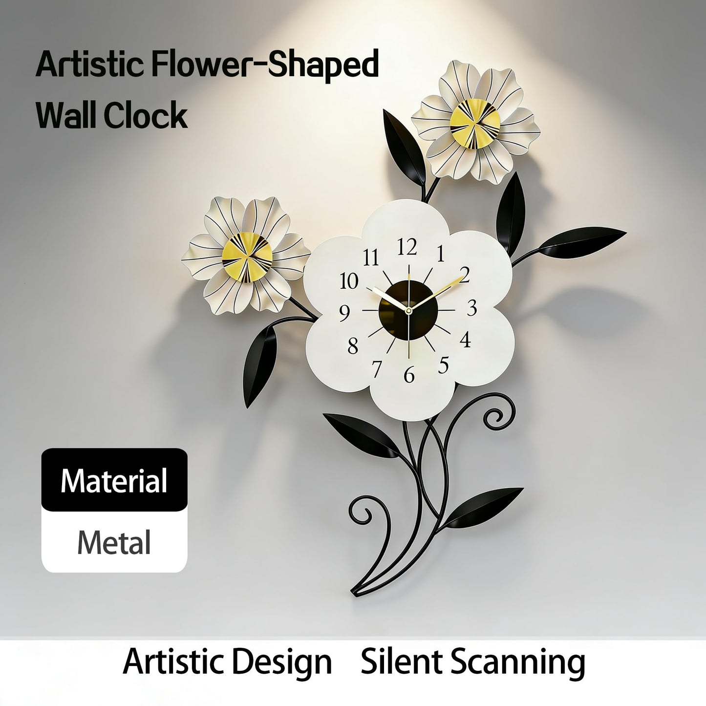 LIYUANSI Artistic Flower-Shaped Wall Clock, Modern Minimalist Metal Wall Decor for Living Room, Bedroom, Office, 24"x34.5" Elegant Petal Design, Silent Quartz Movement