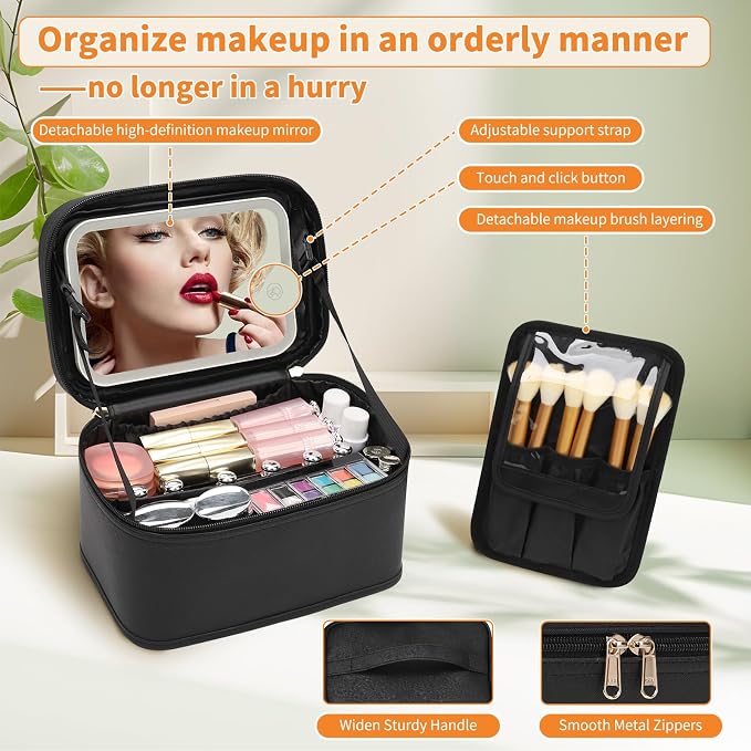 Makeup Bag With LED Mirror, Lightweight Travel Makeup Bag With 3 Color Setting Light Up Mirror Cosmetic Makeup Organizer Vanity Case for Women Beauty Tools Accessories Rechargeable Train Case-Black