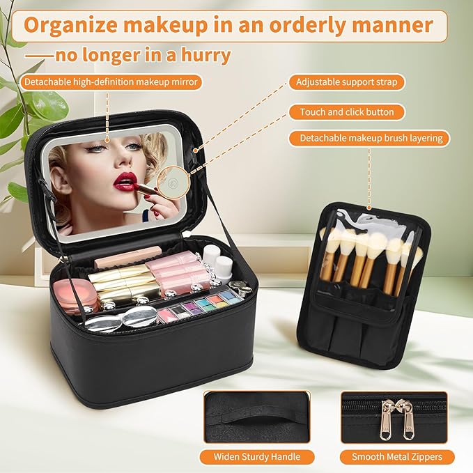 OCHEAL Makeup Bag with LED Mirror, Travel Cosmetic Organizer Vanity Case with 3 Color Setting Light Up Mirror for Women Beauty Tools Accessories Rechargeable - Black