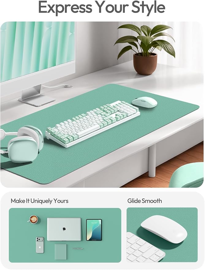 YSAGi Leather Desk Protector, Office Mat, Large Mouse Mat, Non-Slip PU Leather Blotter, Laptop Desk Mat, Waterproof Writing Pad for Office and Home(Green-Blue, 42" x 17.2")
