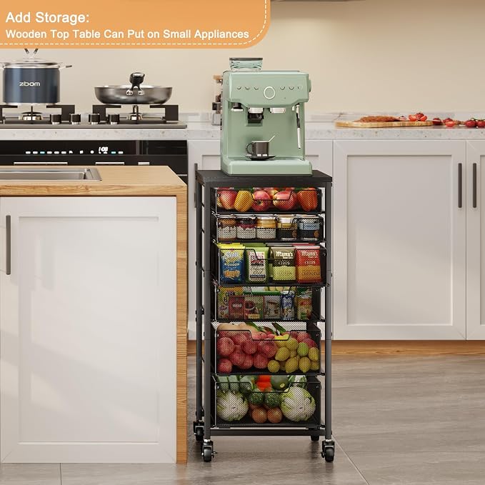 6-Tier Kitchen Storage Cart -Fruit Vegetable Storage Cart with Drawers, Wooden Top Metal Wire Kitchen Organizer and Storage Cart with Wheels to Storage Onions Potatoes Cans Snacks for Kitchen