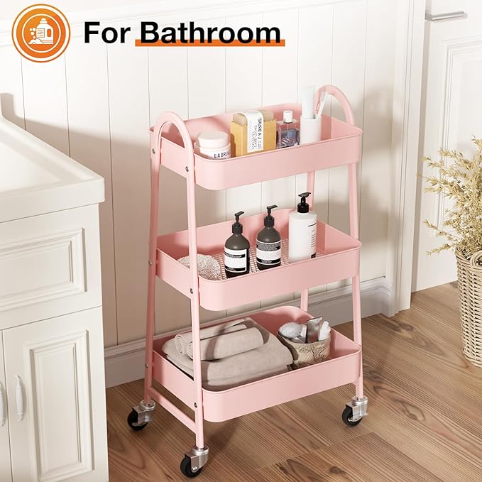 NEWBULIG 3-Tier Metal Rolling Cart with Lockable Wheels, Heavy Duty Mobile Utility Storage Shelf, Roller Book Snack Cart, Organization for Livingroom, Bathroom, Office, Pink