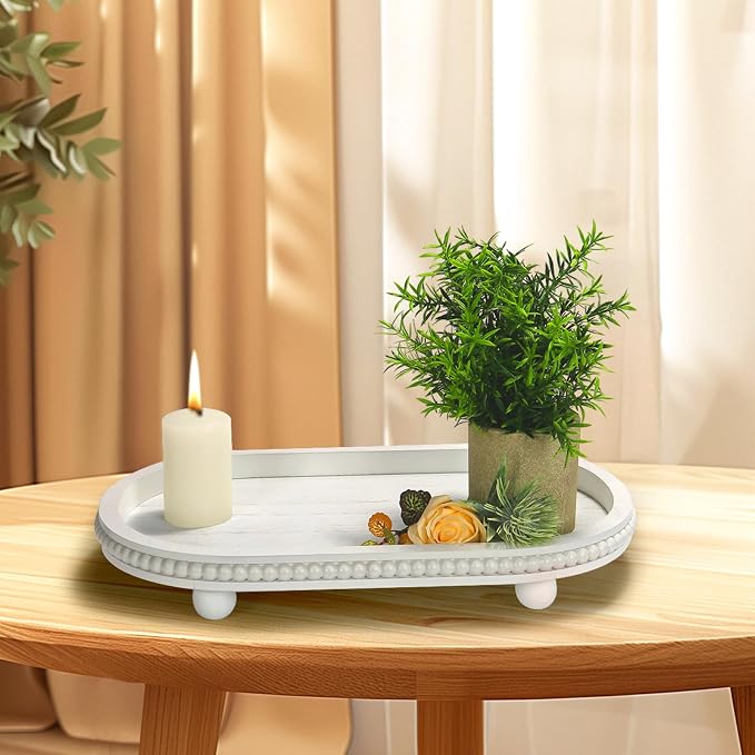SYNCVIBE Wooden Decorative Tray for Home Decor, Beaded White Oval Tray Decor for Coffee Table, Rustic Wood Serving Trays Farmhouse Centerpieces for Living Room Kitchen Counter (White Oval)