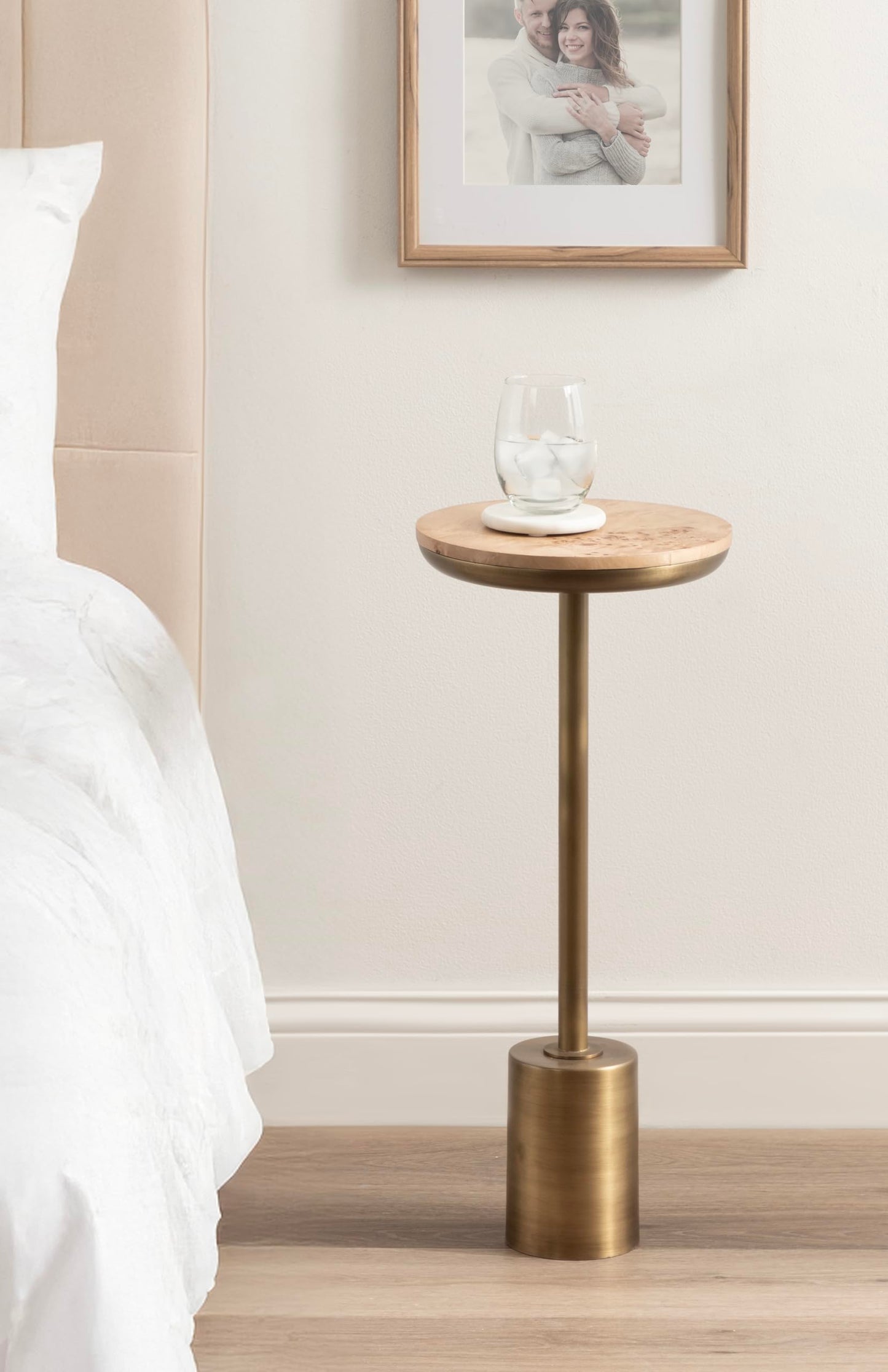 Kate and Laurel Xyler Modern Round Wood and Metal Drink Table, 10 x 10 x 24, Burlwood and Antique Brass, Transitional Pedestal Table for Use as Indoor Plant Stand or Living Room Decor Accent