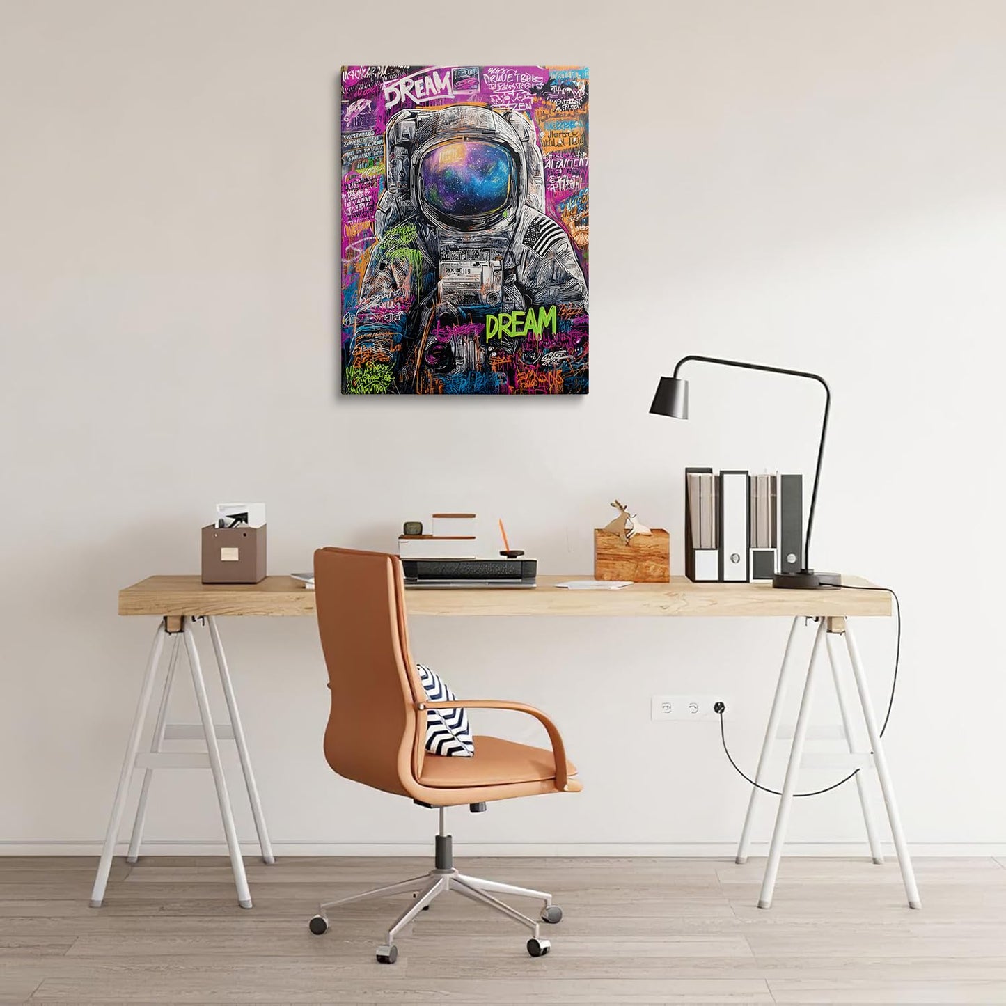 Graffiti Astronaut with DREAM Text Galaxy Visor Canvas Wall Art Framed Banksy Style Painting Prints Posters Artwork for Boys Room Space Themed Wall Decor 12x16 Inches