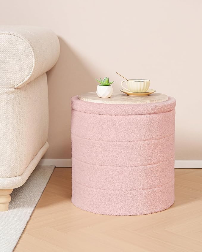 B FSOBEIIALEO Ottoman with Stroage, Round Sherpa Storage Ottoman Stool, Boucle Foot Rest 16.9"x16.9"x17.7"（Pink