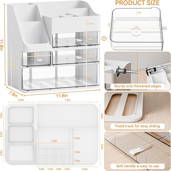 Yieach White Makeup Organizer Countertop With 4 Drawers,Large Cosmetics Storage Organizer for Brush,Hair Products,Plastic Makeup Holders and Beauty Skincare Organizers for Bathroom,Vanity,Dresser Top