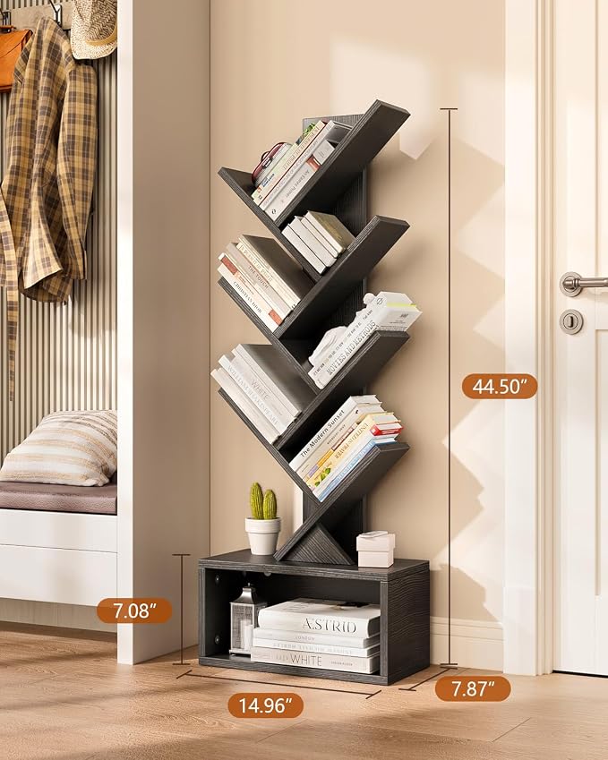 Evermagin 6 Tier Tree Bookshelf with Lights, LED Book Tree Bookcase with Storage Organizer, Small Corner Bookshelf Floor Standing Book Shelf for Living Room, Bedroom & Home Office, Black