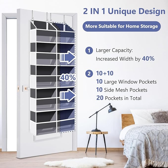 UVIAHOMI Heavy Duty Over The Door Organizer 5 Tiers, Extra Large Behind Door Storage of 10 Front & 10 Mesh Pockets, 80lb Weight Capacity, Hanging Doors Storage for Closet Bedroom Nursery, Dark Gray