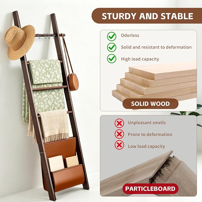 Wooden Blanket Ladder 6-Tier Farmhouse Rustic Blanket Holder with Synthetic Leather Bag, Decorative Stand with Removable Hooks Quilt Towel Rack for Home Living Room Bedroom Decor Brown