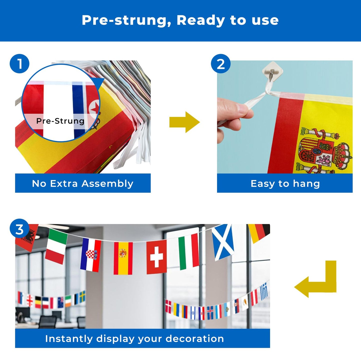 100 Country Flags Banner 82ft, Pre-Strung Reusable Polyester Flags of the World International Bunting for Classroom Decor, Party, Festival, Patio & Outdoor Events