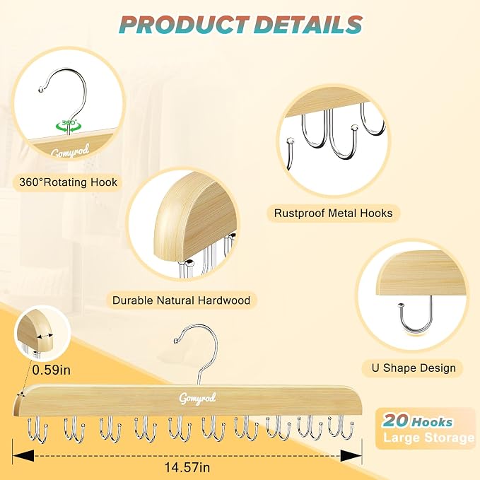 Gomyrod Bra Hanger for Closet, Tank Top Hangers 2 Pack w/20 Hooks Holds 40 Bras, Capacity Foldable Wood Space Saving Hanger, 360°Rotating Closet Organizers and Storage for Dorm & Apartment