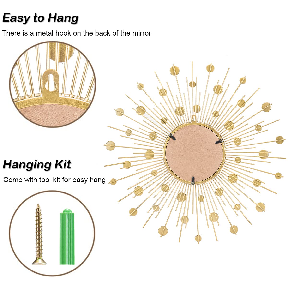TaoliMo Gold Sunburst Mirror for Wall Decor Metal Sun Wall Mirror Decorative with Crystal Diamond for Living Room Bedroom Entryway Large Circle Mid Century Modern Starburst Wall Hanging 24 Inch