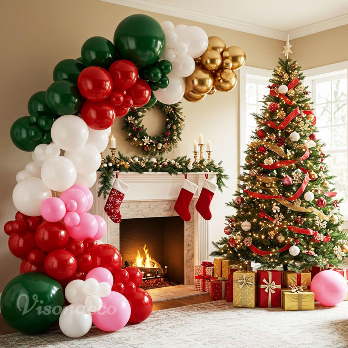 Christmas Balloon Arch Kit – 143pcs Double Stuffed Green, Red, Green, White, Pink & Gold Balloons Garland, Xmas Balloon Arch Decorations for Holiday Party, Merry Christmas Balloons Decor Supplies