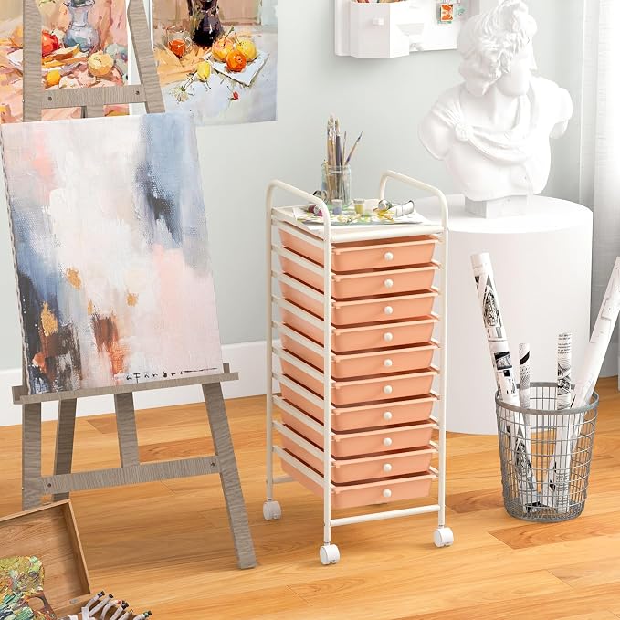 MEDIMALL 10 Drawers Rolling Storage Cart, Multipurpose Craft Storage Cart with Wheels, Mobile Tools Scrapbook Paper Organizer Cart for Office School Home Use