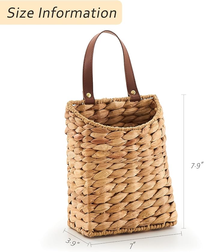 Wall Hanging Pocket Basket Portable Water Hyacinth Storage Basket Decorative Boho Mounted Organizer Dried Flower Plants Front Door Basket for Garden Farmhouse Home