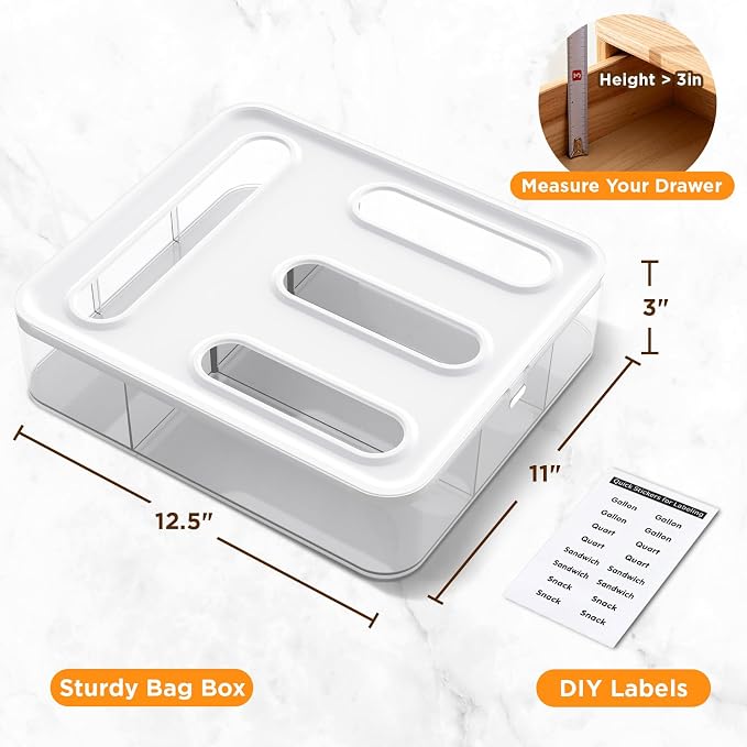OUTXE Bag Organizer for Drawer + Fridge, Magnetic Kitchen Baggie Storage | Pantry Organization for Ziplock Plastic Food Bags | Compatible with Snack Sandwich Quart Gallon (White)
