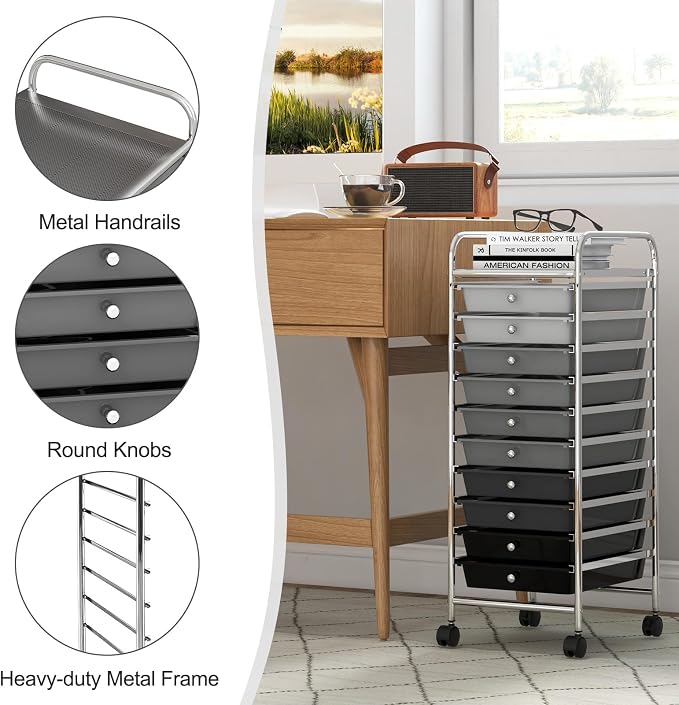 MEDIMALL 10 Drawers Rolling Storage Cart, Multipurpose Craft Storage Cart with Wheels, Mobile Tools Scrapbook Paper Organizer Cart for Office School Home Use