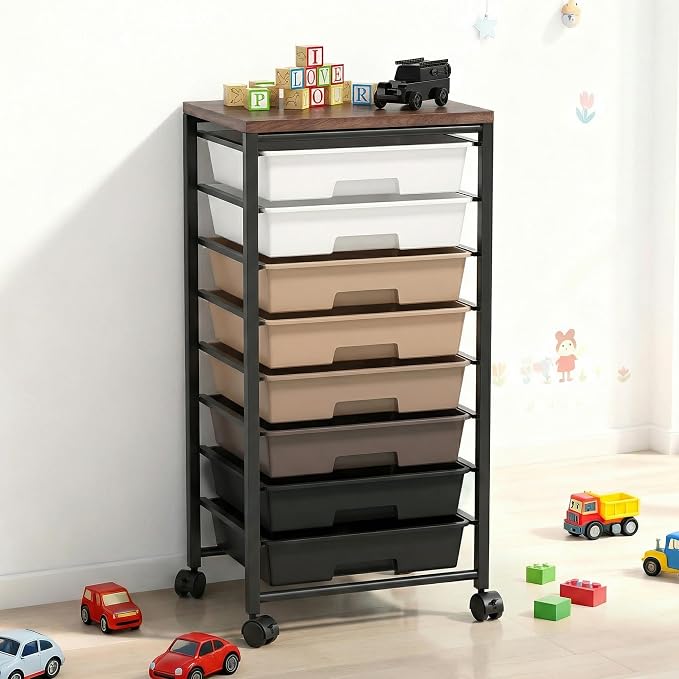 Rolling Cart with 8 Drawers, Storage Drawers Cart with Wooden Tabletop and Lockable Wheels, Craft Storage for Living Room, Office, Classroom, Craft Room, Bedroom (Brown)