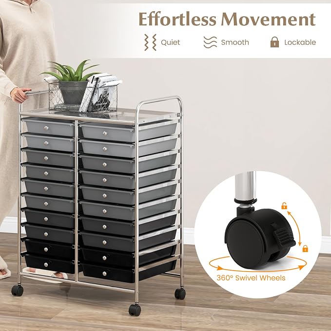 COSTWAY 20-Drawer Rolling Storage Cart, Utility Storage Organizer Cart for Tools, Scrapbook, Paper, Craft, Multipurpose Storage Trolley on Wheels for Home Office School, Mixed Black