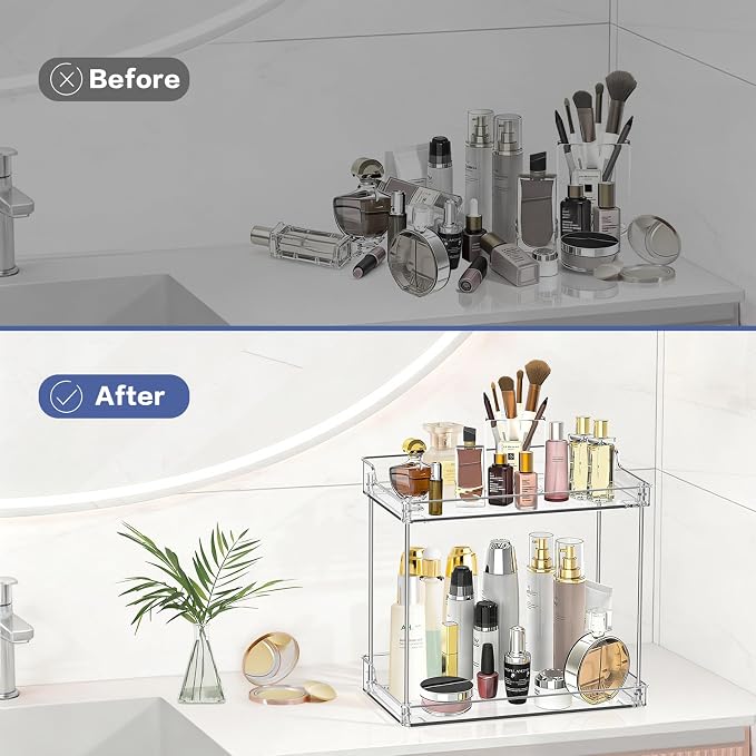 2 Tier Bathroom Counter Organizer, Clear Bathroom Counter Shelf for Vanity Countertop, Kitchen, Sink Storage, Tiered Skincare Organizer for Makeup, Perfume, Beauty Supplies (Rectangular)