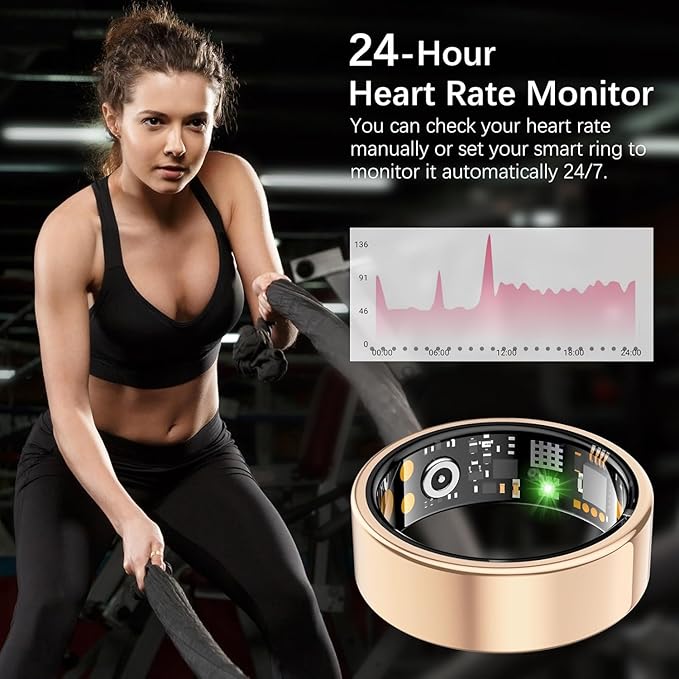 Ring Health Tracker for Women Men, Fit Ring with Heart Rate, Blood Oxygen, Sleep Monitor, Calories, Step Counter, IP68 Waterproof Smart Ring for iPhone & Android, No Subscription Fee (Rose Gold, 6#)