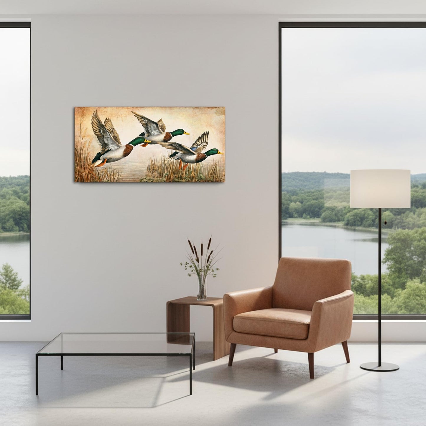 LevvArts Mallard Ducks Wall Art Canvas Flying Duck Pictures Painting Lake House Cabin Farmhouse Artwork Decor 20"x40"