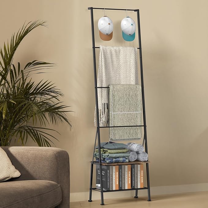 Blanket Ladder Towel Rack with Storage Shelf and Hooks, Decorative Scarf Rack, Throw Blanket Holder Ladder Shelves for Bathroom Living Room, Rustic Brown