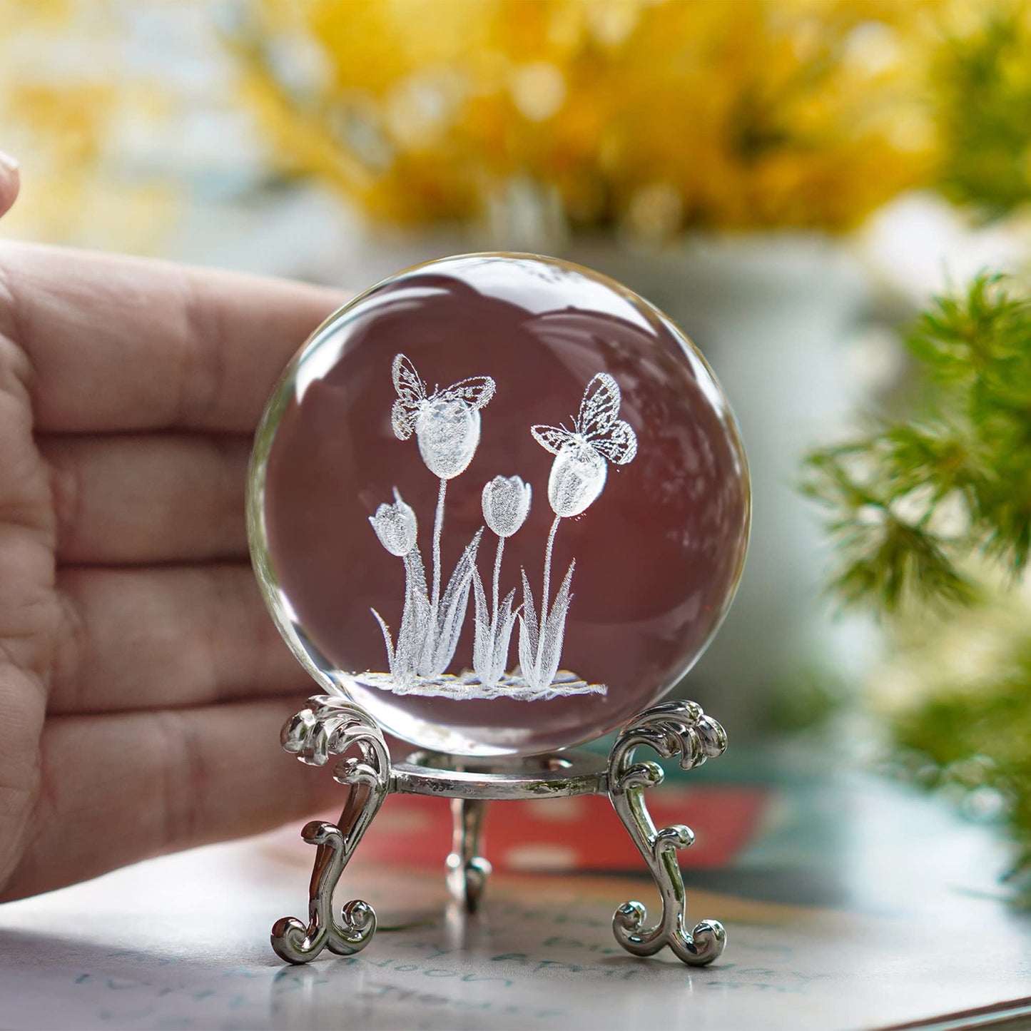 HDCRYSTALGIFTS 3D Laser Crystal Tulip Ball with Butterflies Paperweight - 60mm Engraving Decorative Balls Glass Full Sphere Figurine Decor