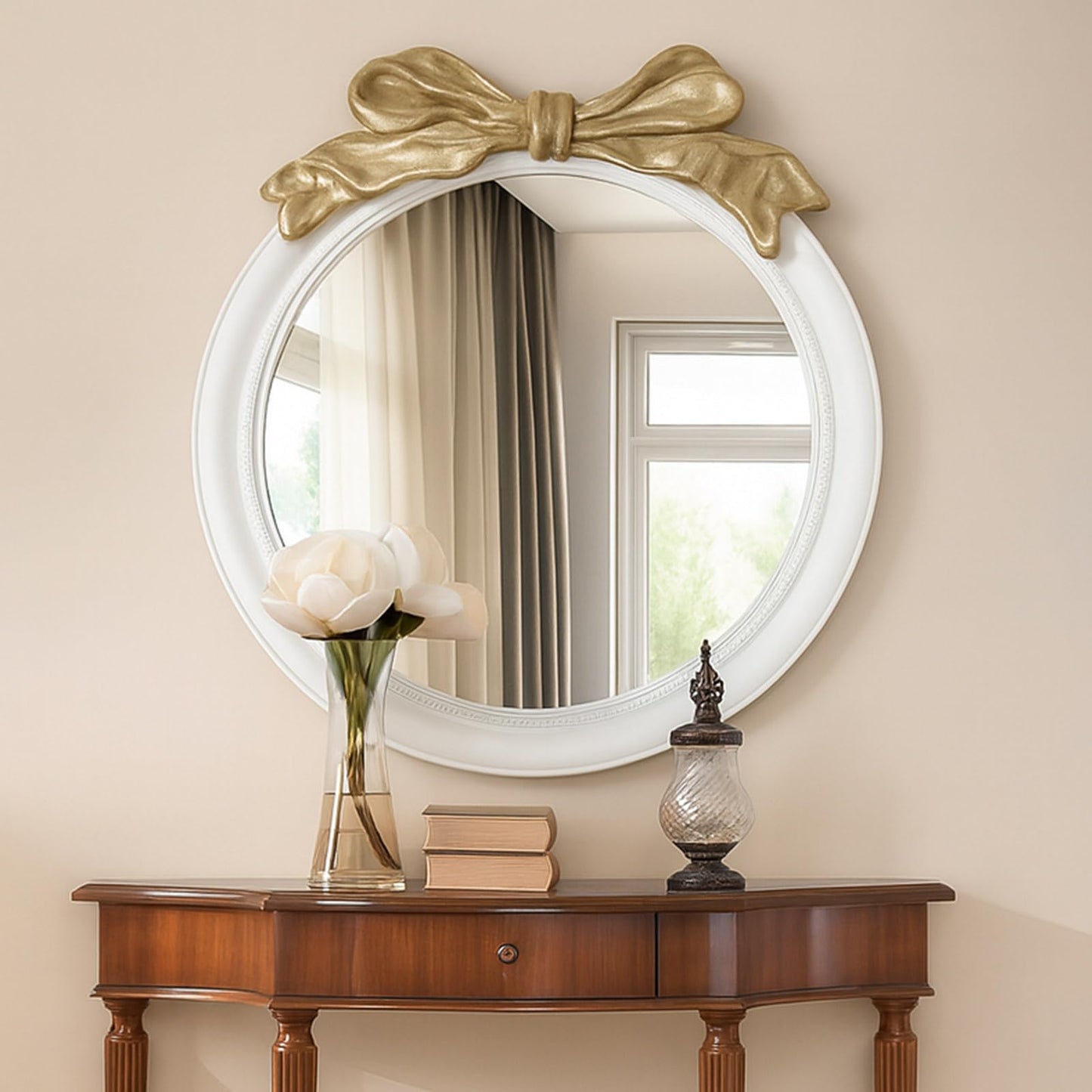 inoseen Antique Bow Round 26x26 inch Wall Mirror, White and Gold Bow Frame Circle Mirror for Wall Decor for Bathroom Sink, Living Room, Hallway & Bedroom