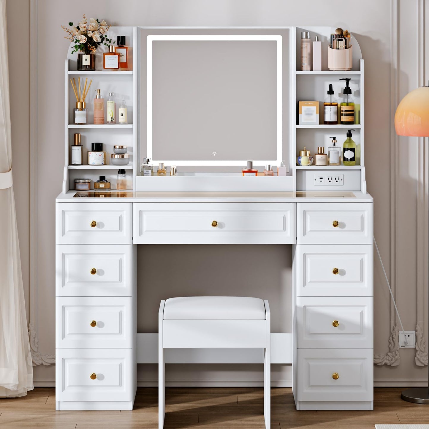 Arulvmrn 43" Makeup Vanity Desk with Mirror and Lights, & Power Outl, Glass Top Big Vanity Table with 9 Drawers& 8 Storage Shelves, Dressing Table Set with Chair for Bedroom, White