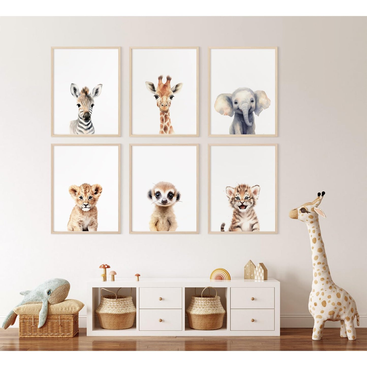 Safari Nursery Wall Art Decor Set of 6 Baby Animal Wall Art Kids Canvas Wall Art Safari Nursery Pictures Jungle Animal Prints Baby Boy Art Giraffe Painting for Room Bedroom 12x16 Inch Unframed