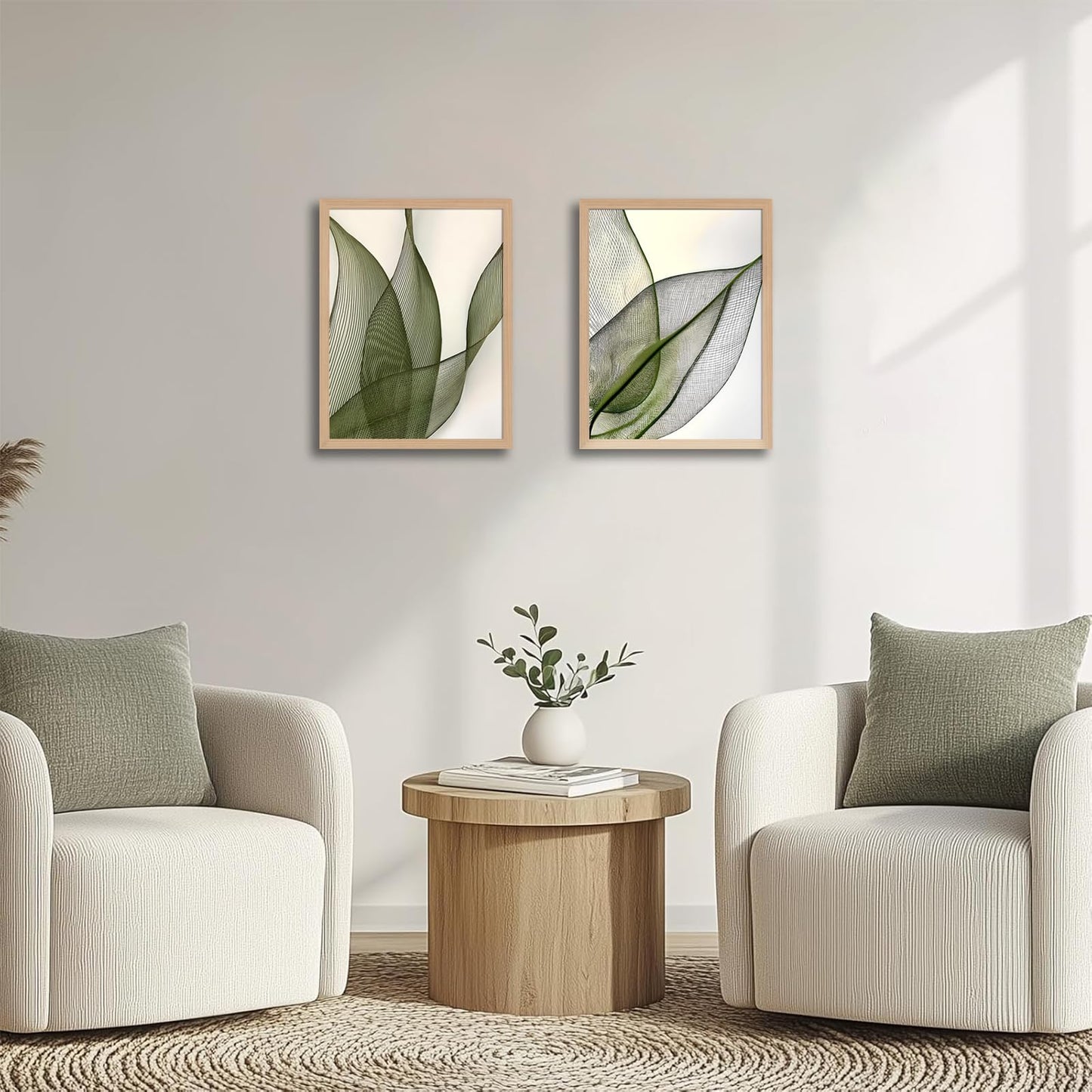 Green Leaf Wall Art Set of 2 with Wooden Frame – Minimalist Botanical Plant Prints, Modern Boho Tropical Leaves Painting, Framed Picture Wall Decor 12x16 Inch