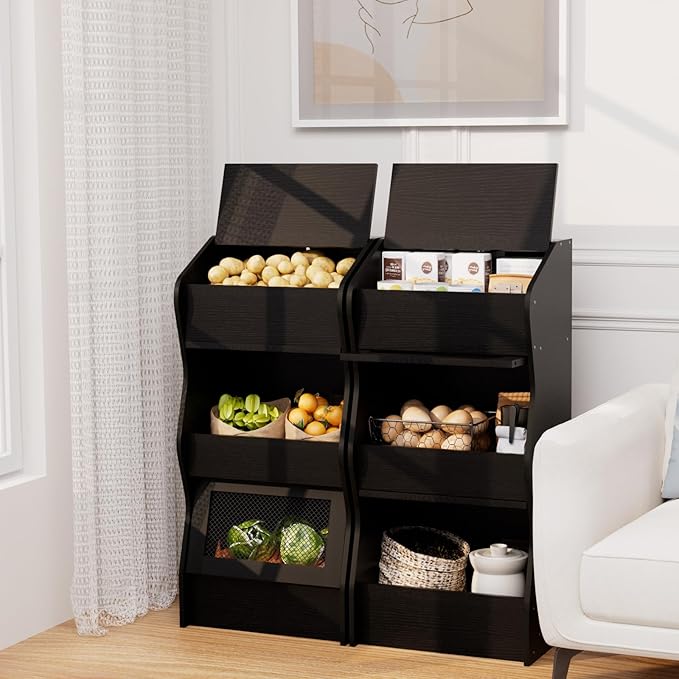 Potato and Onion Storage Bin with Lid, Root Vegetable Storage Rustic Bread Box for Kitchen Pantry, Wooden Bread Cabinet Fruit Storage Rack,Black