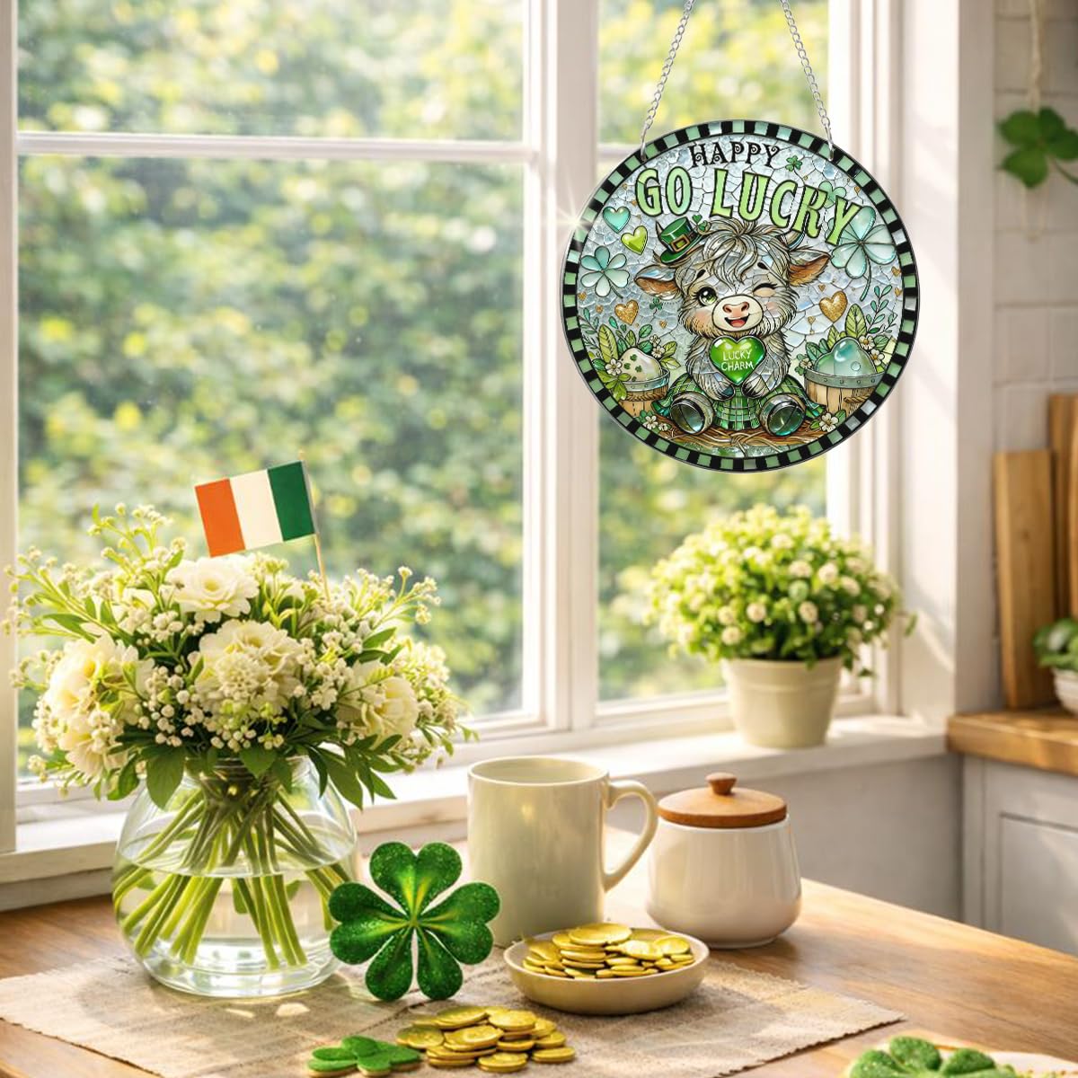 Lucky Charm Highland Cow Decor, Go Lucky Shamrock Acrylic Hanging, St. Patrick’s Day Irish Home Decoration Indoor Outdoor, Sweet Gift for Family Friends