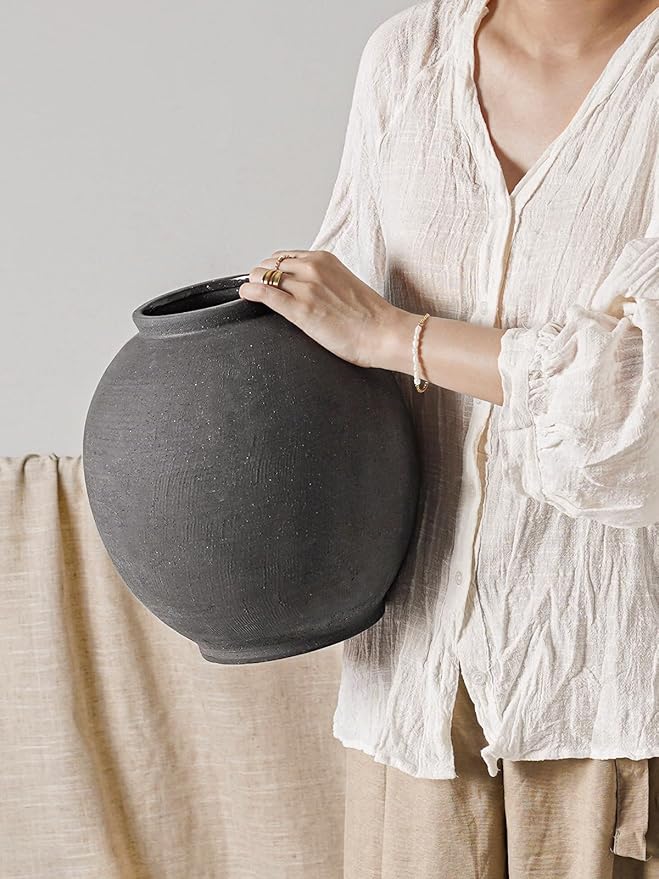 Ceramic Rustic Vase, 10.8 Inch Farmhouse Minimalist Tall Flower Vase for Table, Living Room, Home Decor, Bathroom, Holiday, Wedding, Set of 1,Sandstone Dark Grey
