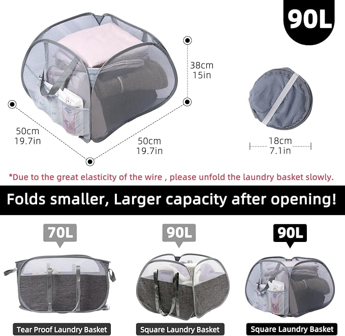 Collapsible Laundry Basket, 90L Foldable Pop Up Laundry Hamper with Handles, Mesh Dirty Clothes Hamper for Laundry, Bathroom, Kids Room, Dorm,Travel or Camping (Gray, 2PCS)